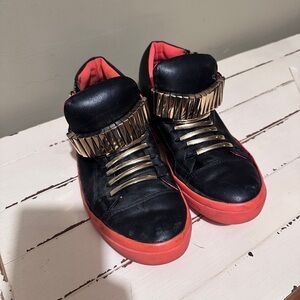 Jeffrey Campbell Black and Orange High-Top Sneakers with Gold Accents